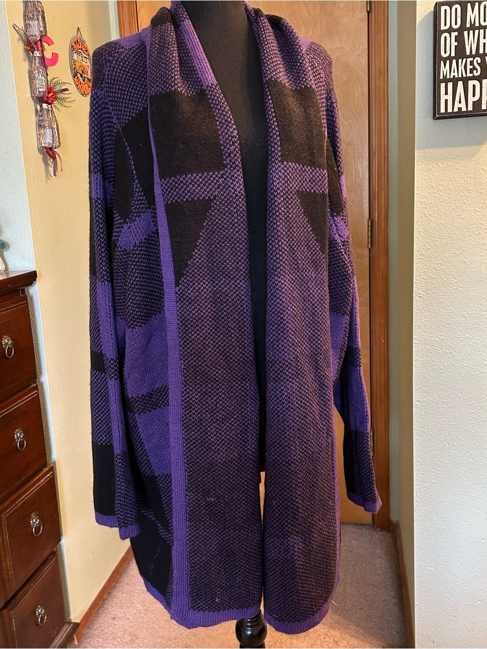 Catherine’s Country Village Sweater Cardigan dark violet black buffalo plaid 4X